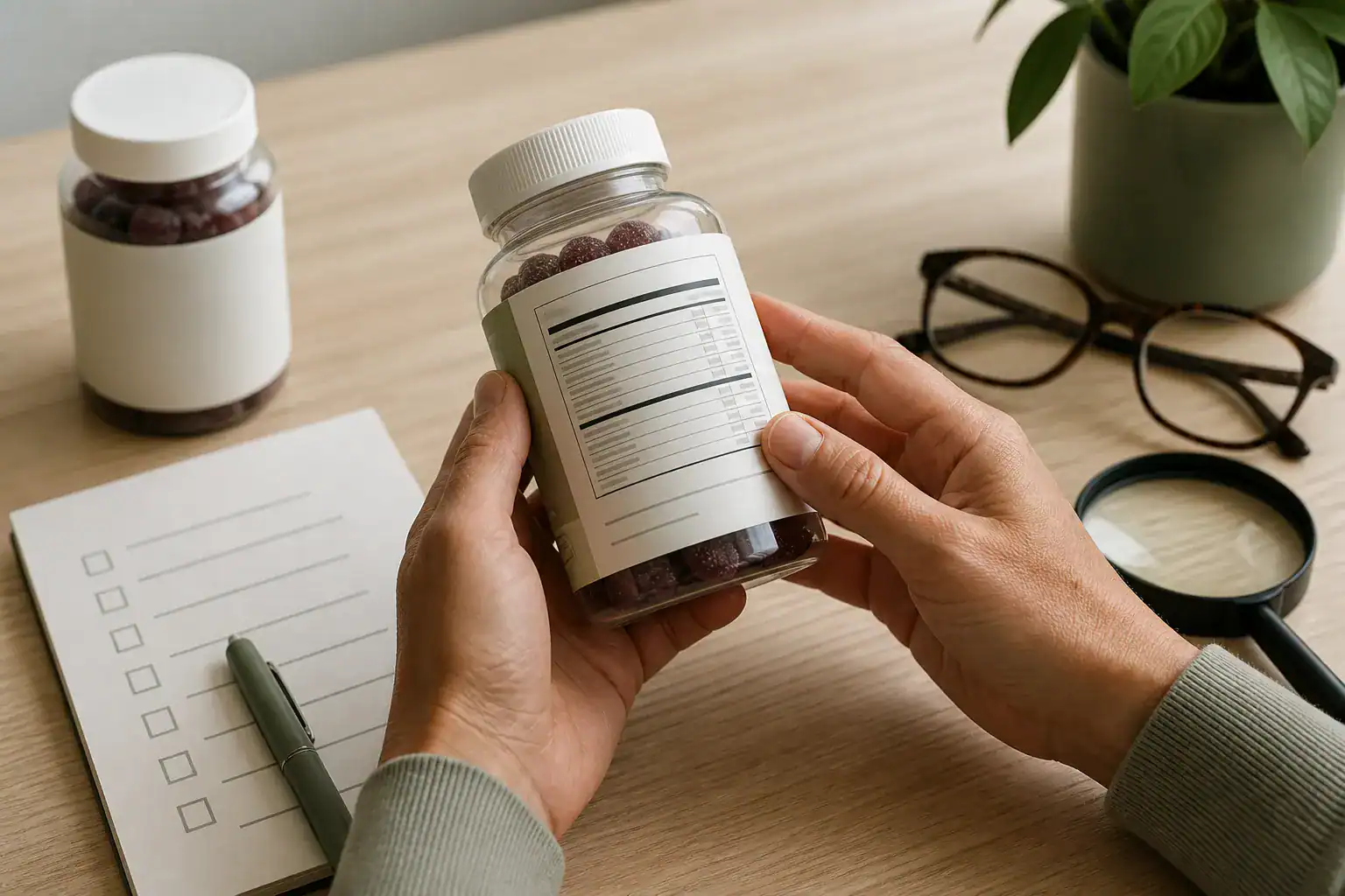 Close view of a shopper checking serving size, ingredients and testing on a gummy label