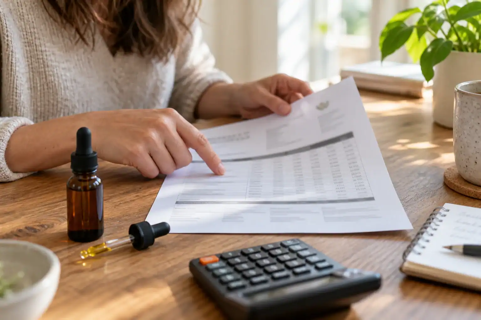 Shopper reviewing cannabinoid amounts on a certificate of analysis