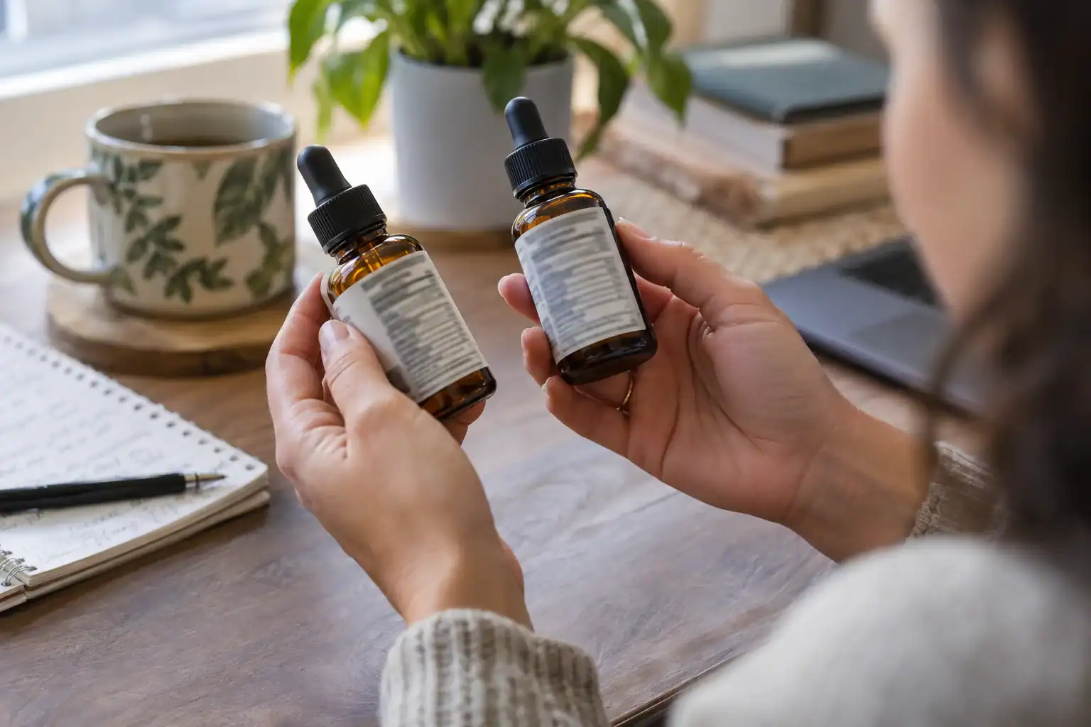 Person comparing two cannabinoid oil labels carefully