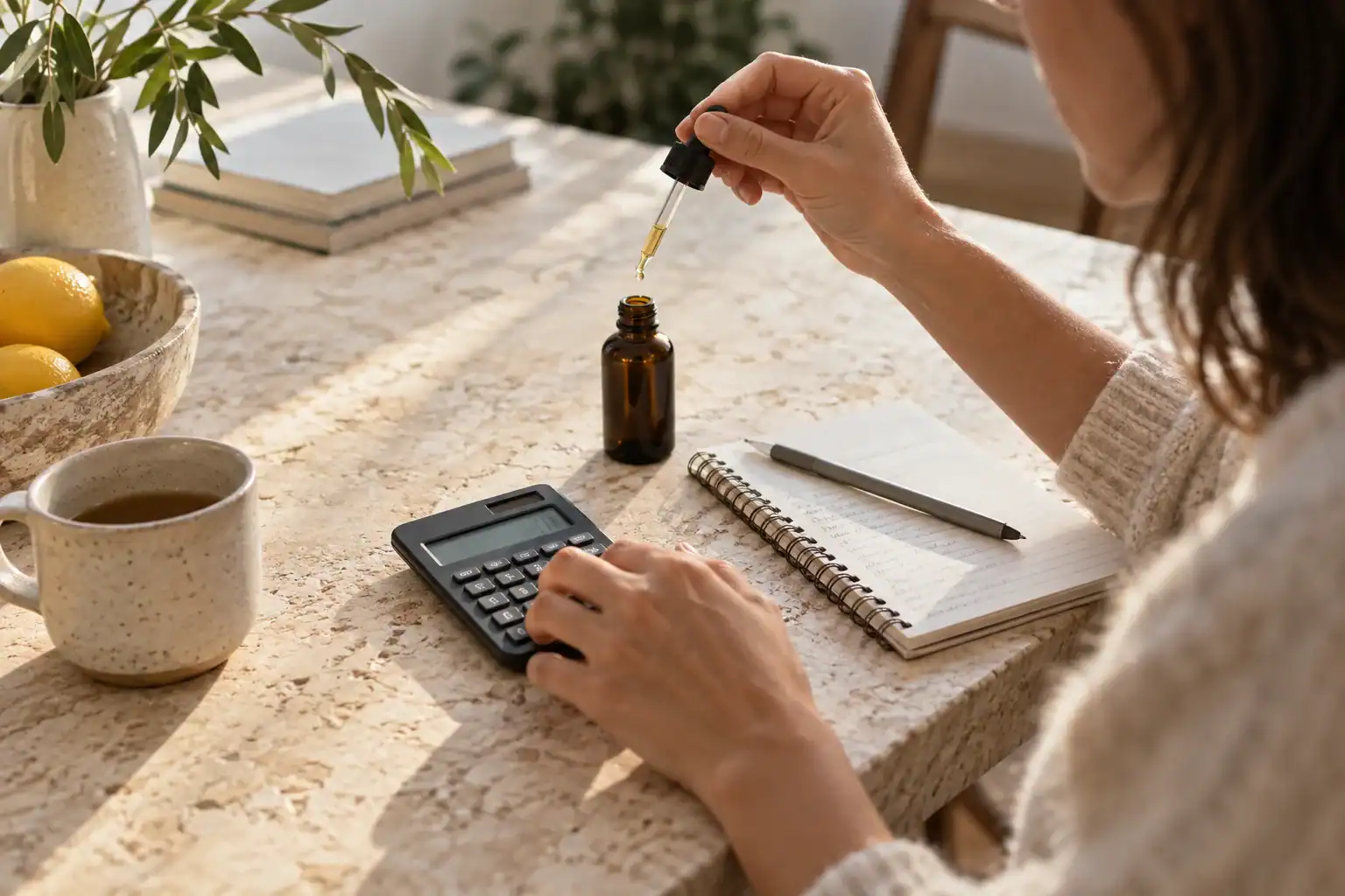 Person calculating milligrams before comparing a CBD-to-CBG ratio