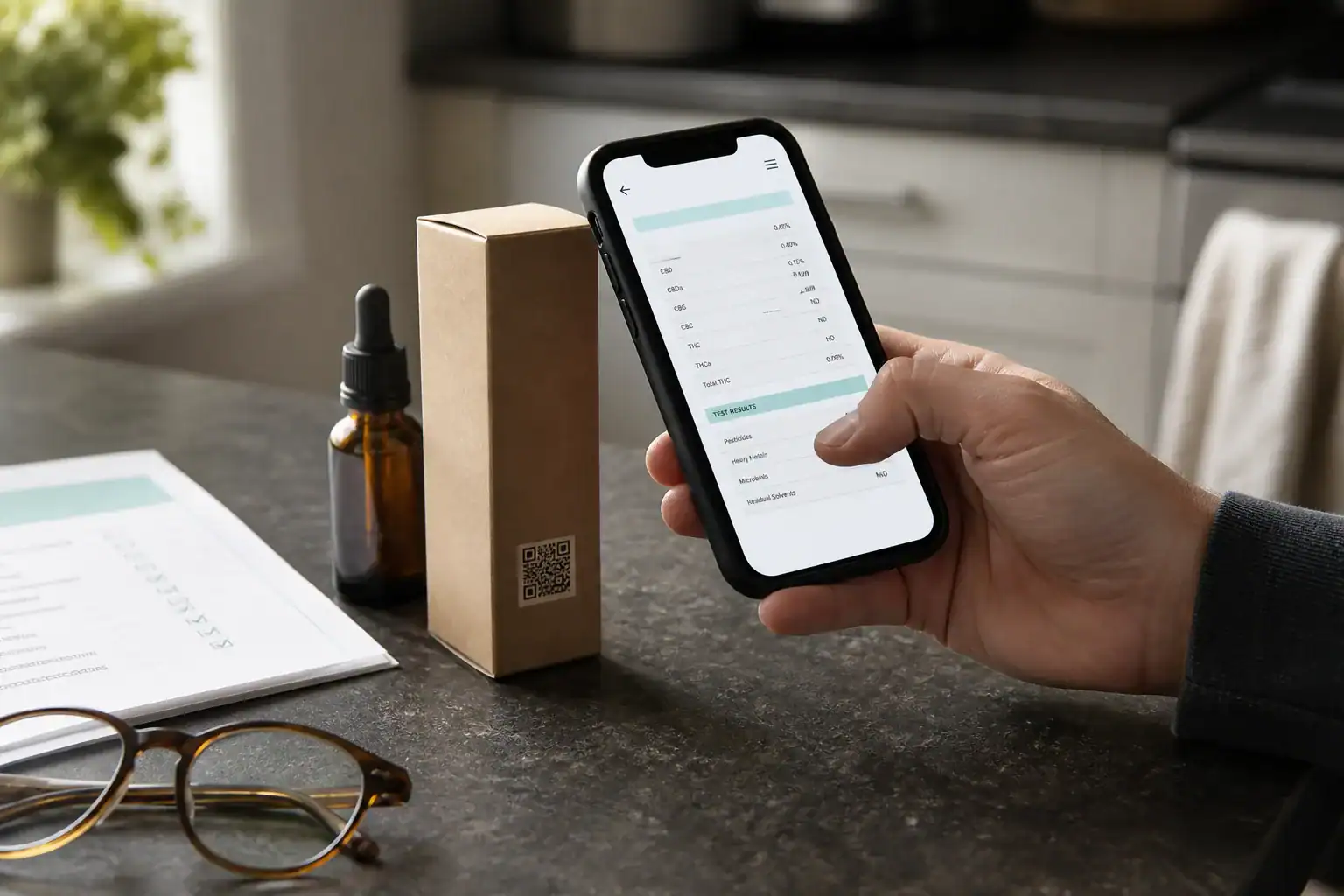 Shopper scanning a QR code on CBD packaging to open a batch lab report