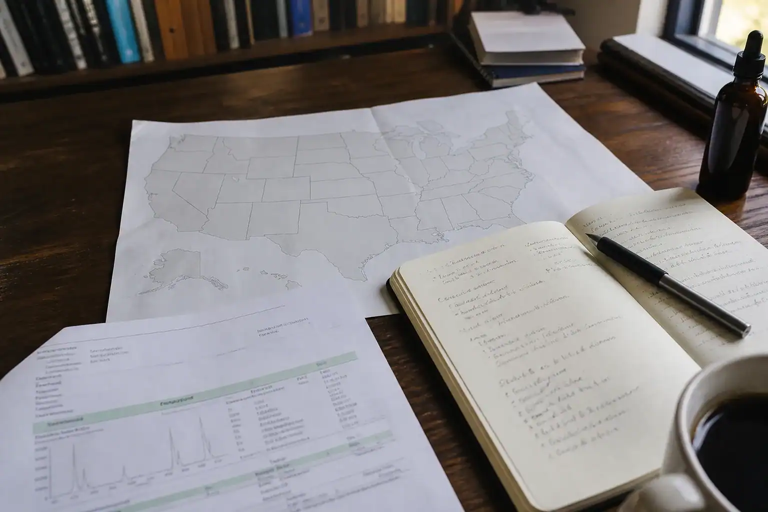 Notebook, neutral United States map and hemp lab report on a working desk