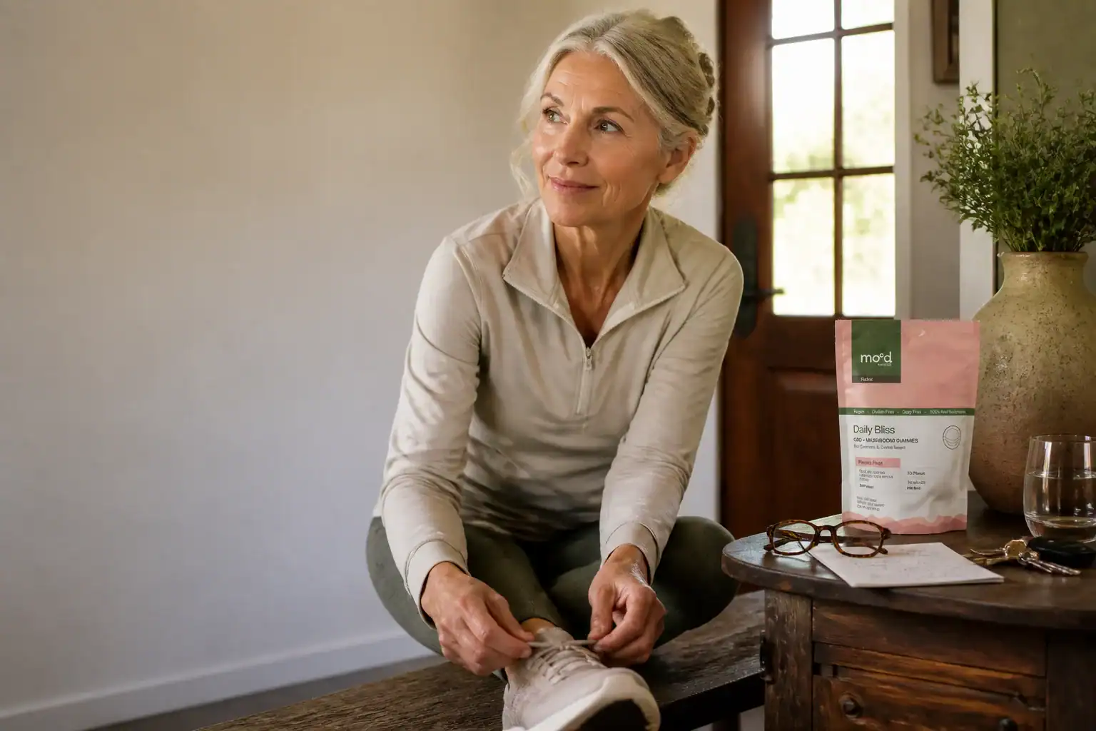 Active older woman tying a walking shoe beside Mood Daily Bliss CBD gummies and her medication list