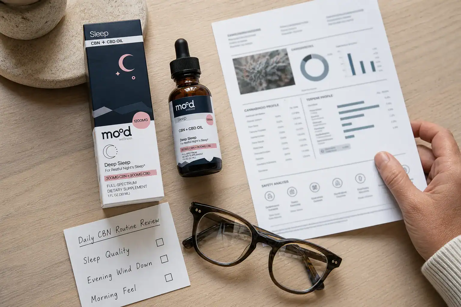 Mood Deep Sleep oil beside a batch report and daily routine review card