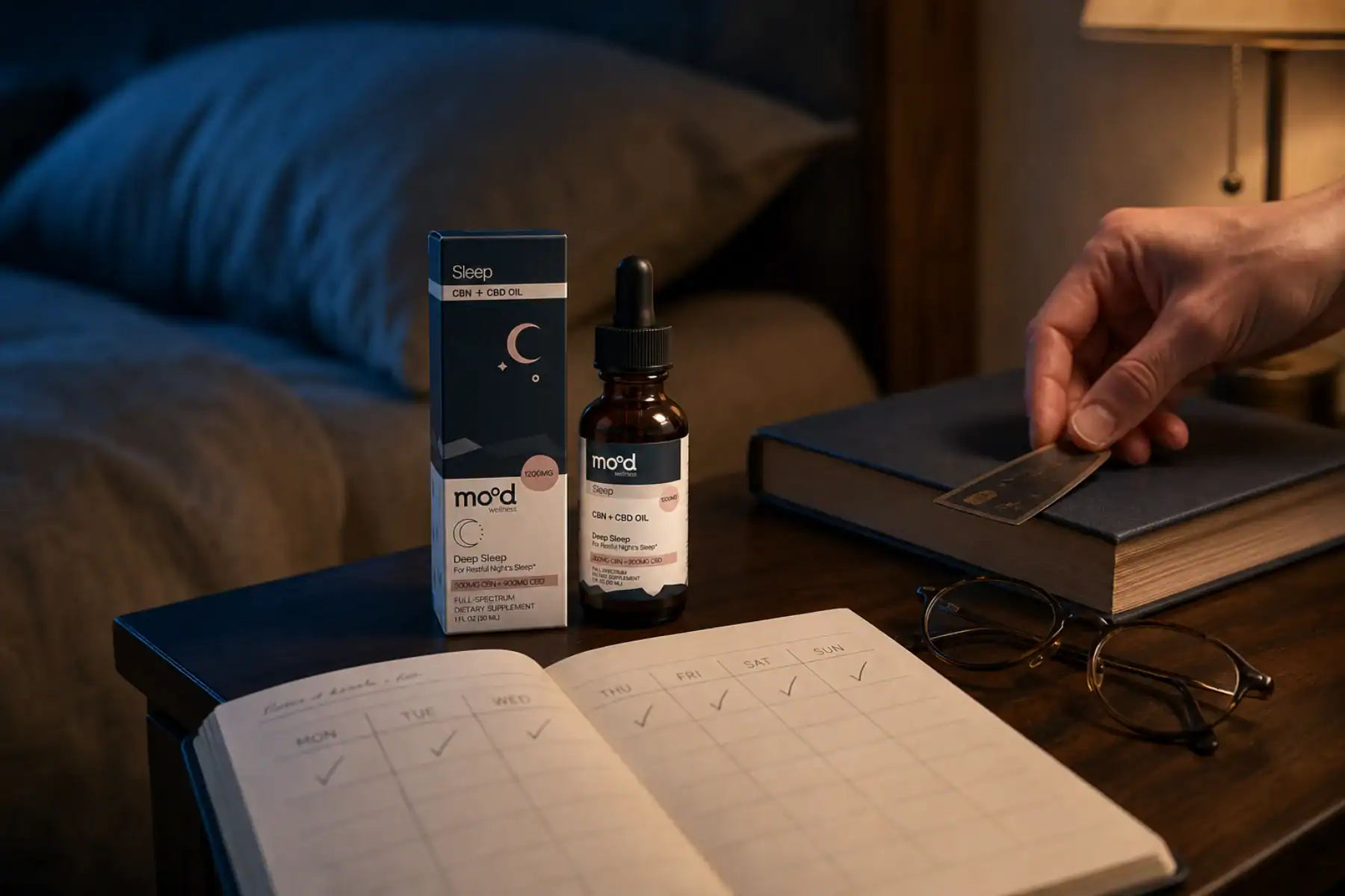 Mood Deep Sleep CBN and CBD oil beside a weekly evening routine journal
