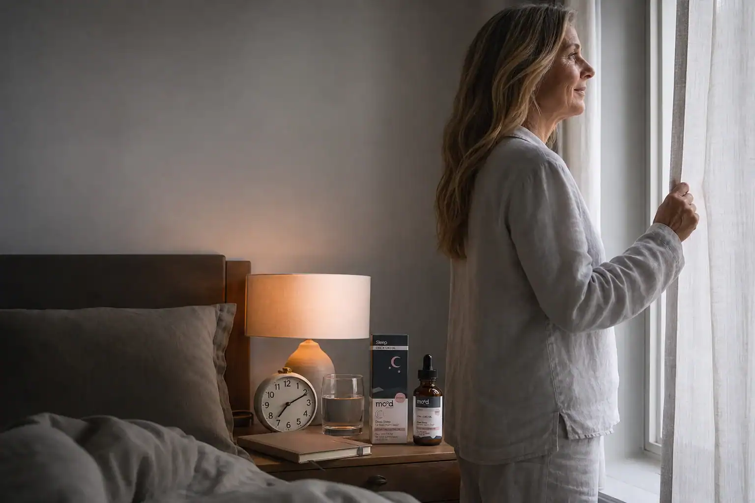 Woman opening curtains at sunrise beside Mood Deep Sleep CBN and CBD oil
