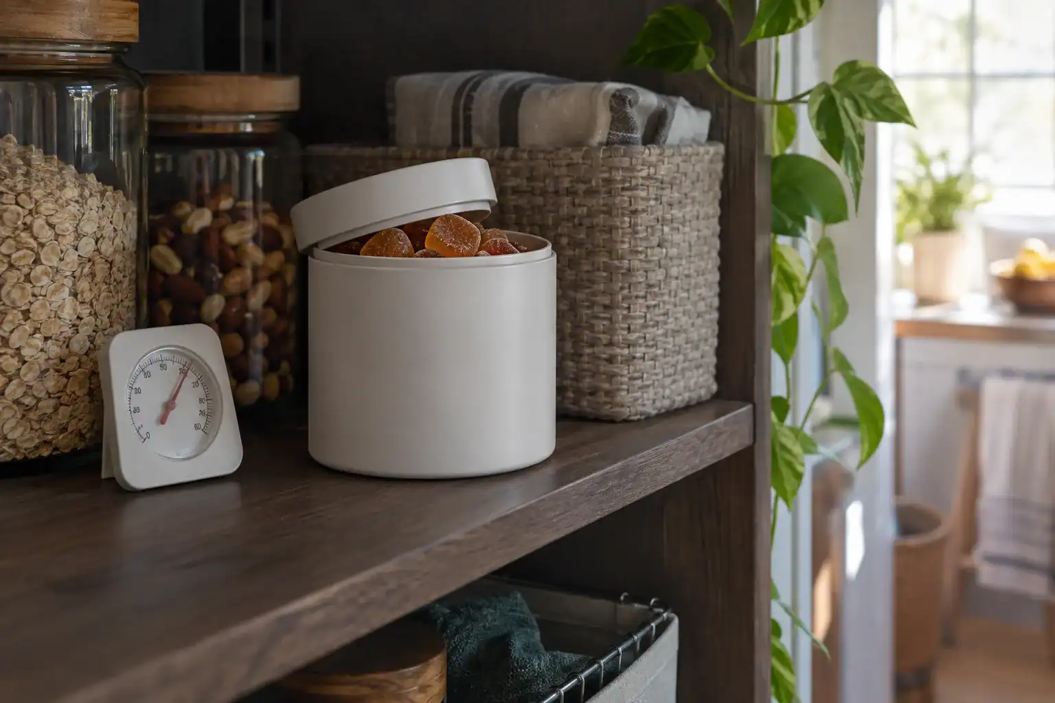 Gummies stored in an airtight container on a cool dark pantry shelf