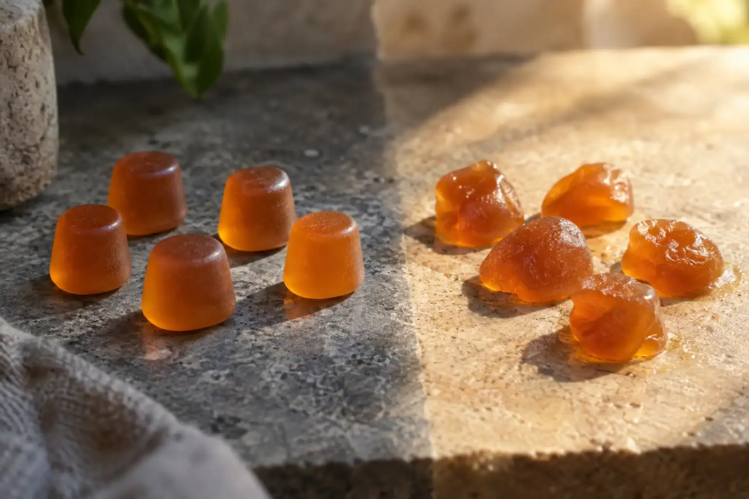 Fresh gummies compared with gummies affected by poor heat storage