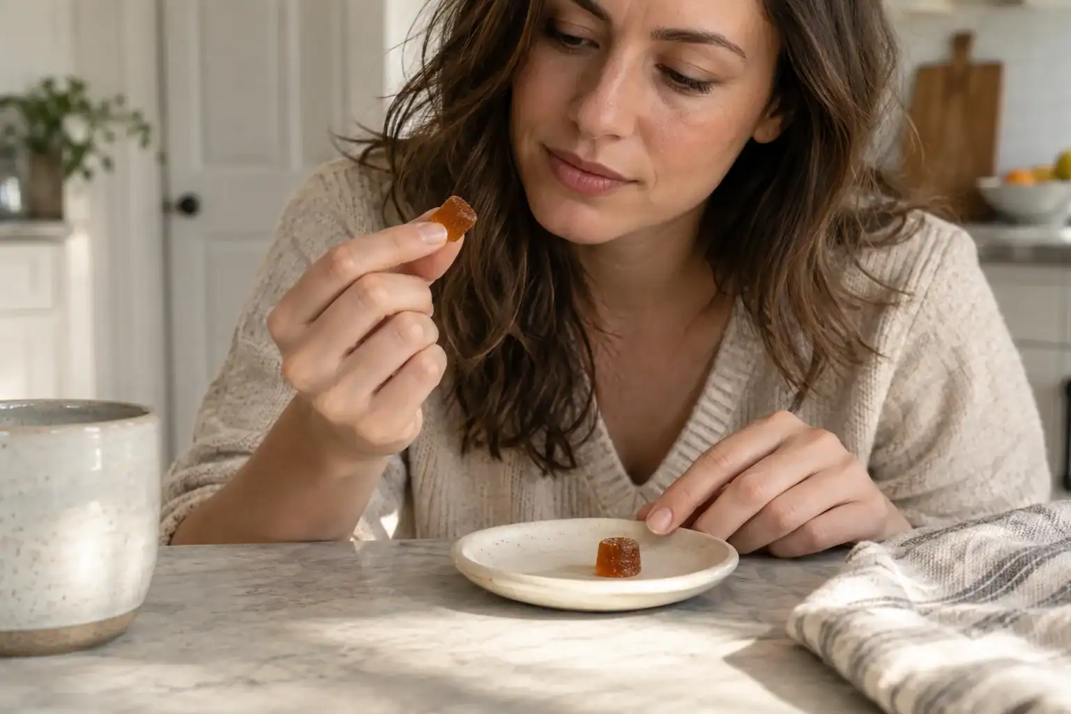 Person checking a gummy appearance and texture before use