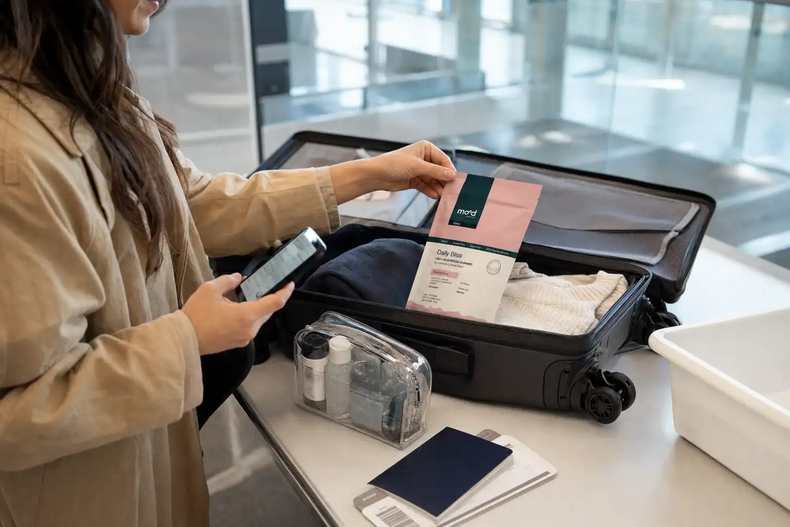 Adult traveler checking an unbranded CBD gummy package before a domestic flight