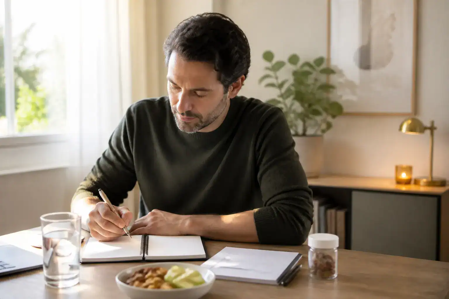 Adult planning a focused work session with sleep, hydration and supplement notes nearby