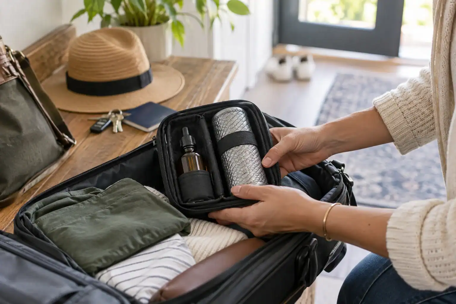 Amber dropper bottle secured upright in a padded travel pouch