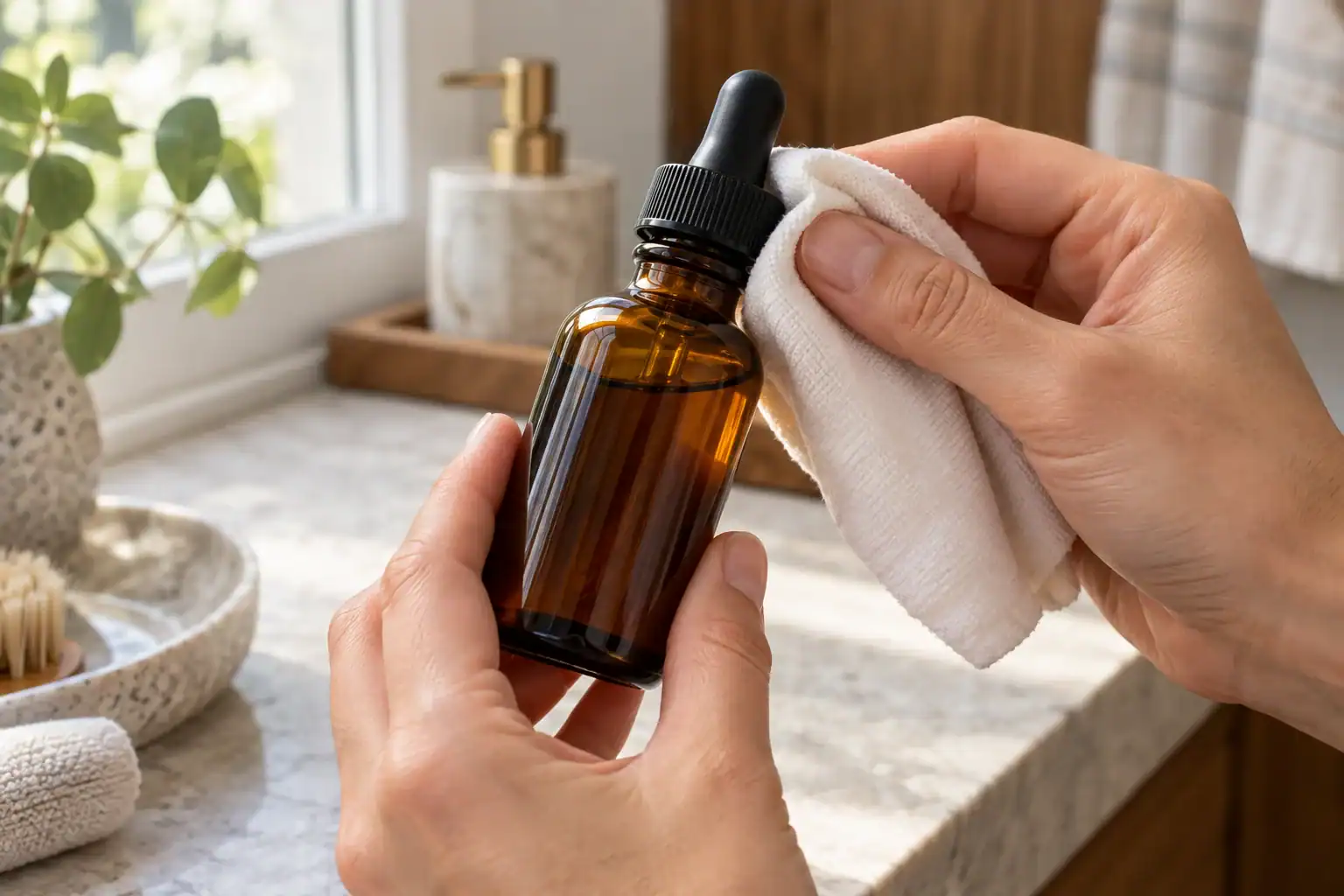 Person cleaning the neck and cap of an amber dropper bottle