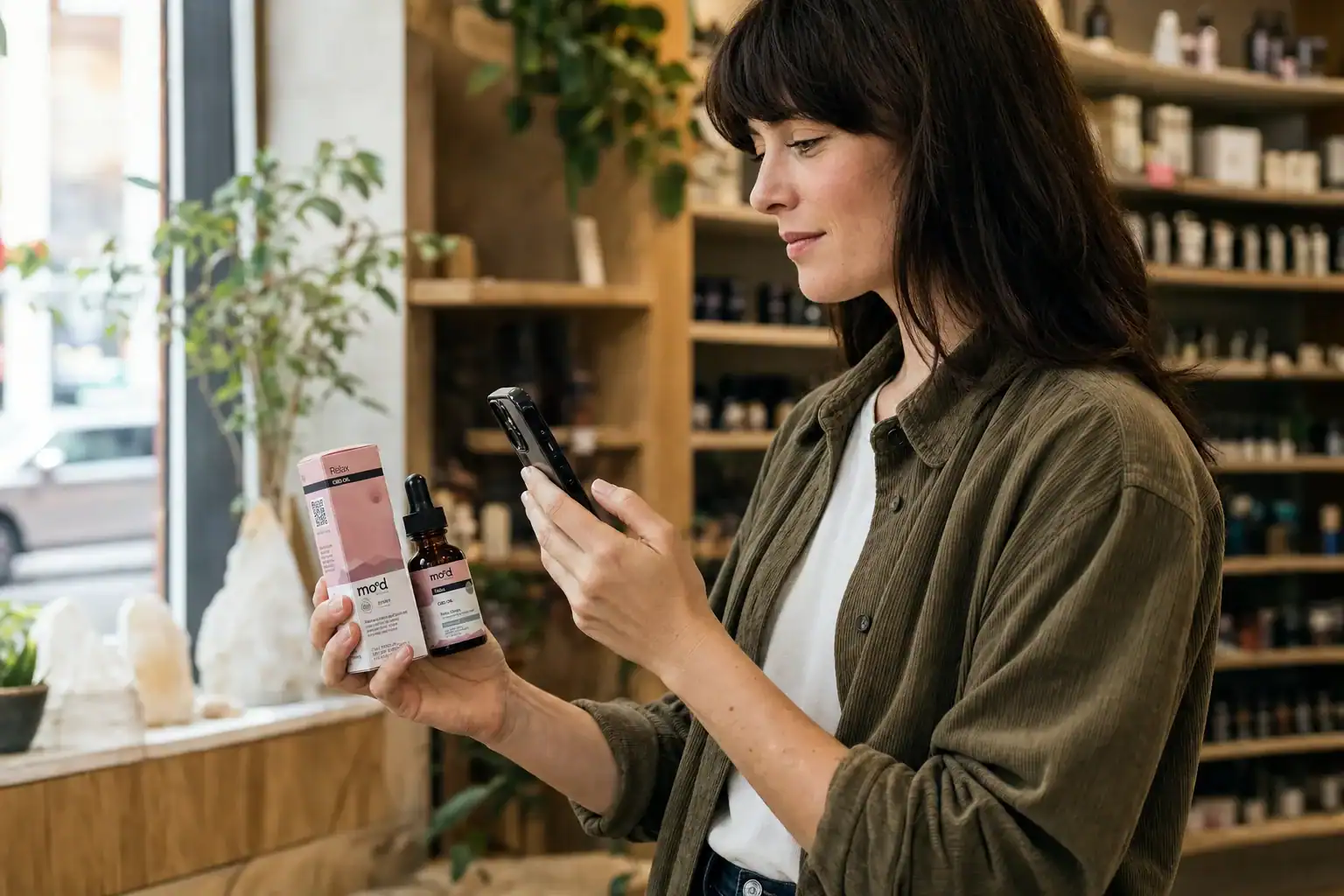 Adult comparing a CBD bottle label with current legal information at a kitchen table