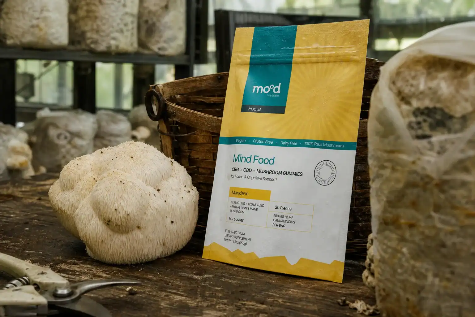 Adult comparing an unbranded lion's mane extract and CBD gummy label