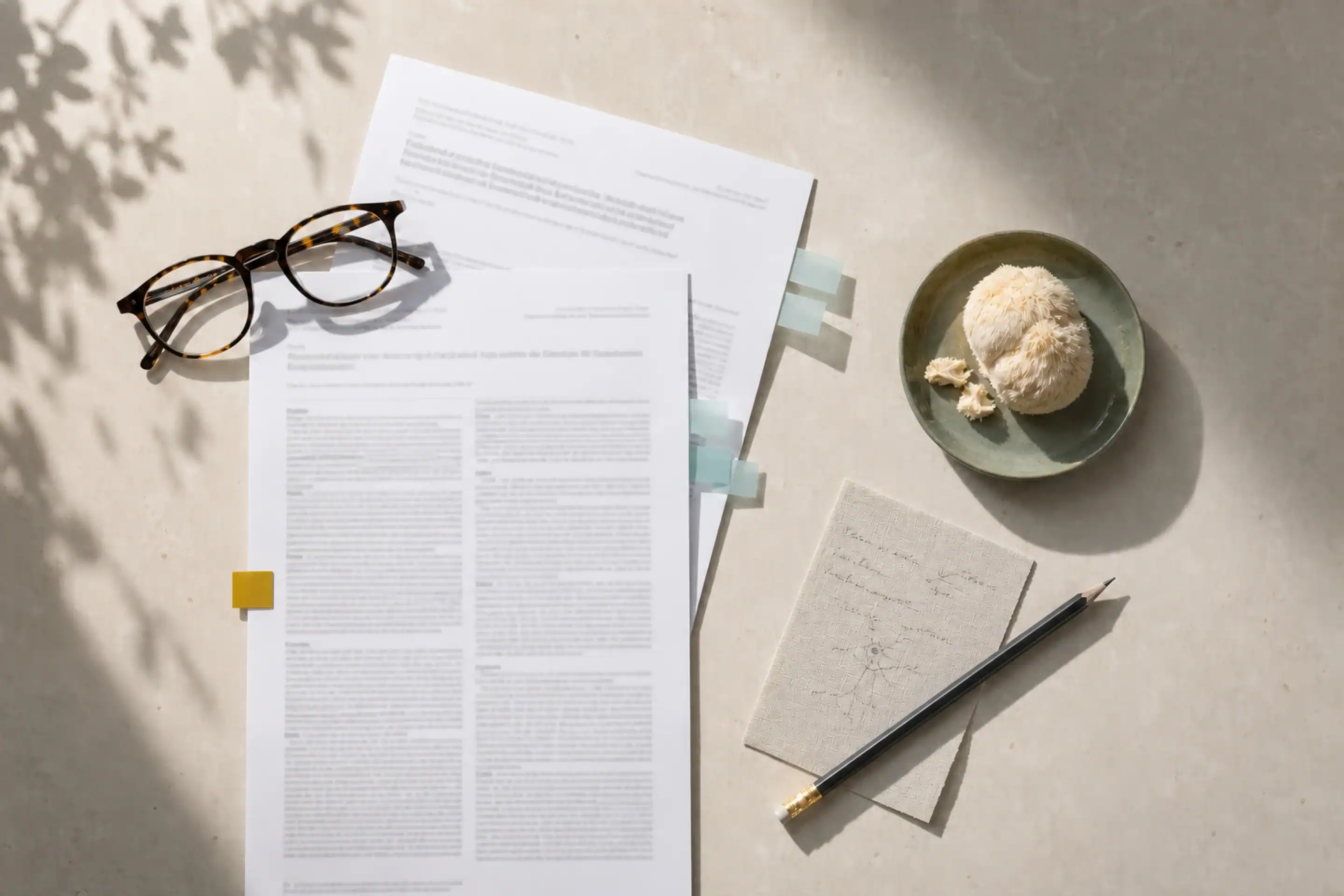 Research papers, reading glasses and a Lion’s Mane specimen arranged for evidence review