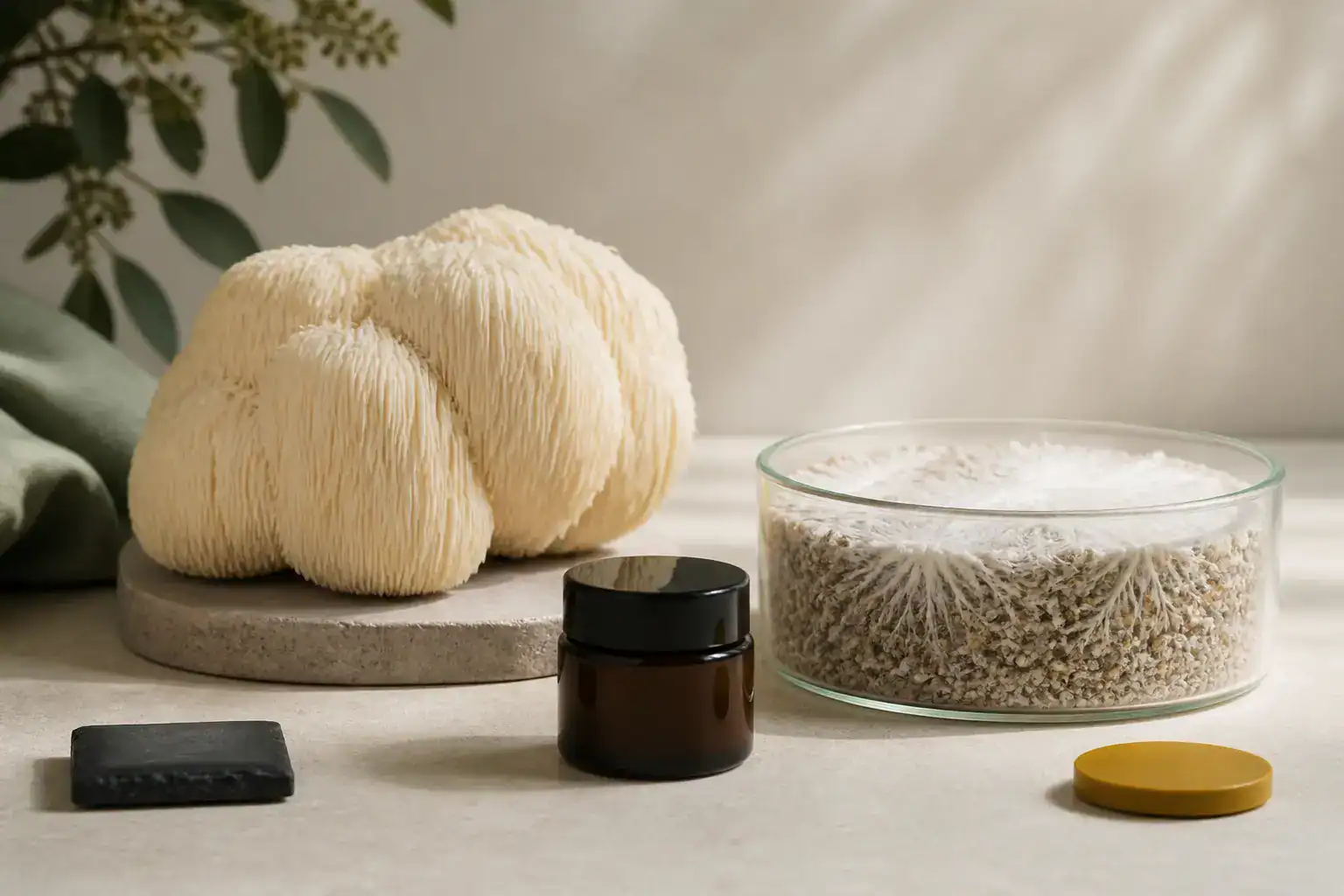 Lion's mane fruiting body and cultivated mycelium shown for material comparison