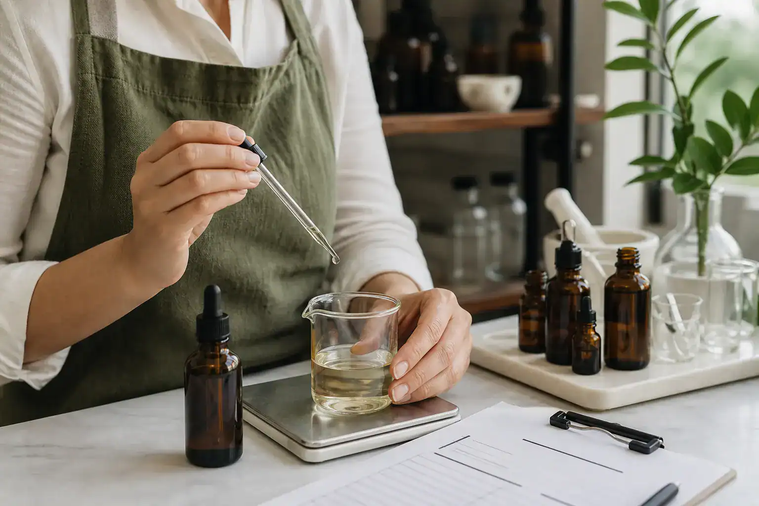 Product formulator measuring clear carrier oil beside an unbranded CBD dropper bottle