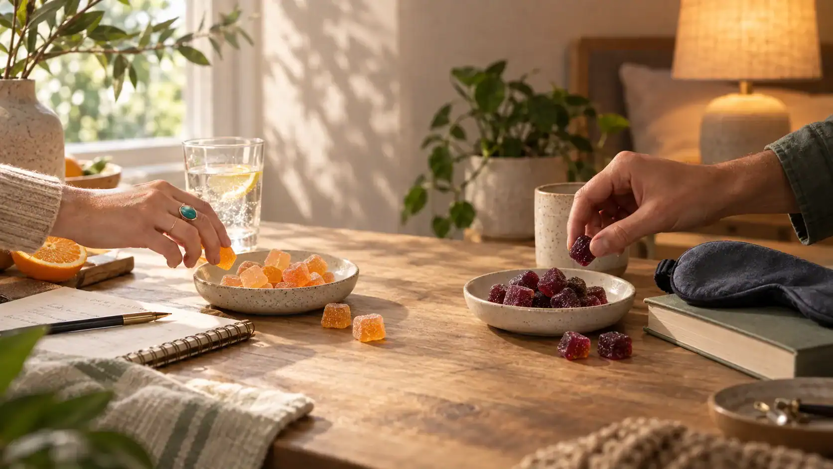 Citrus gummies in a morning setting and berry gummies near evening items on one continuous wooden tabletop
