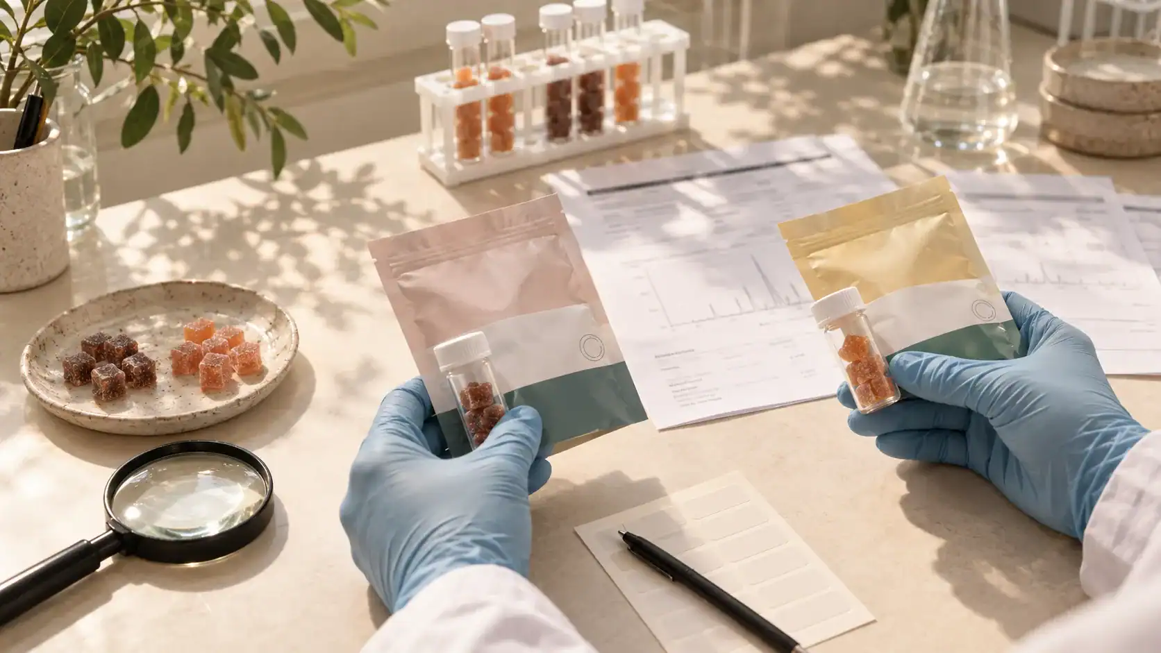 Gloved researcher matching two gummy pouches and sample vials with abstract laboratory certificates