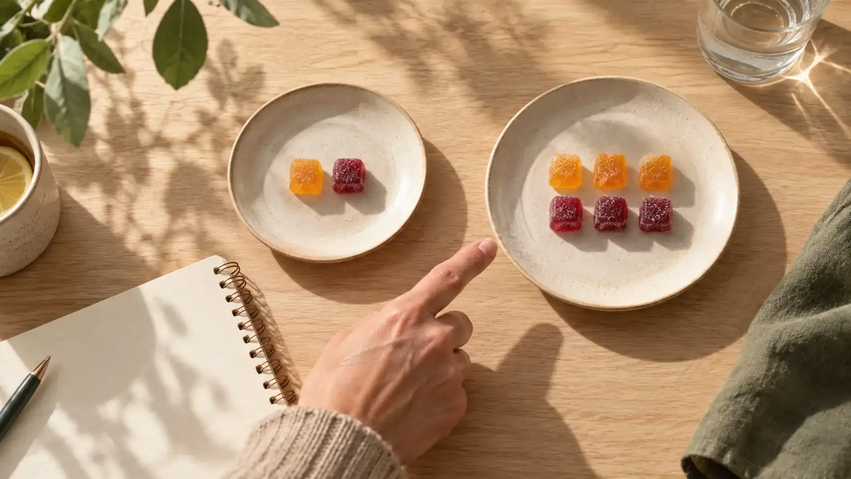 One citrus and one berry gummy in one dish beside three citrus and three berry gummies in another dish