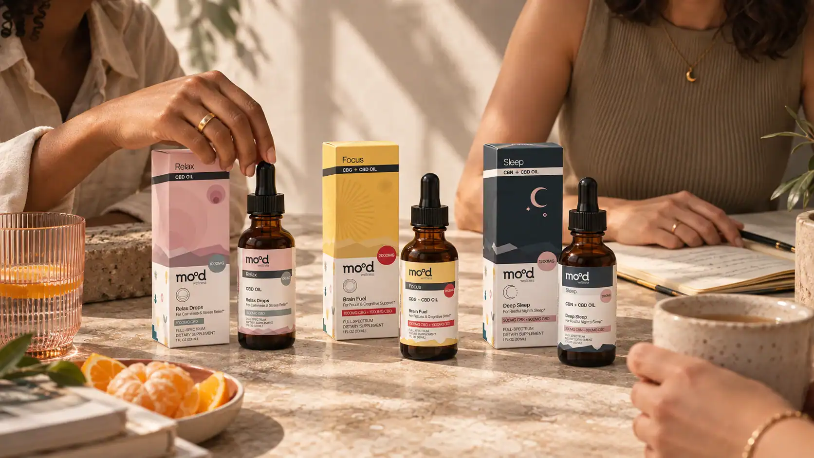 Mood Relax Drops, Brain Fuel and Deep Sleep photographed to illustrate closing lifestyle