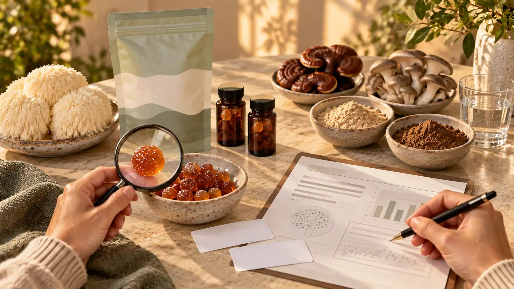 Hands inspect gummies, mushroom powders and amber bottles beside an abstract laboratory report