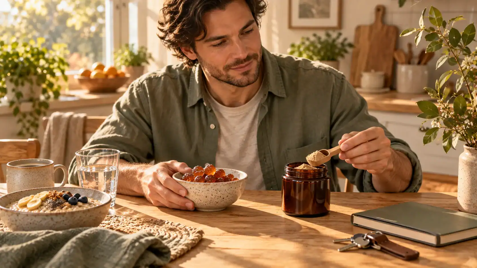 Man chooses between a bowl of gummies and measured Cordyceps powder at a bright breakfast table