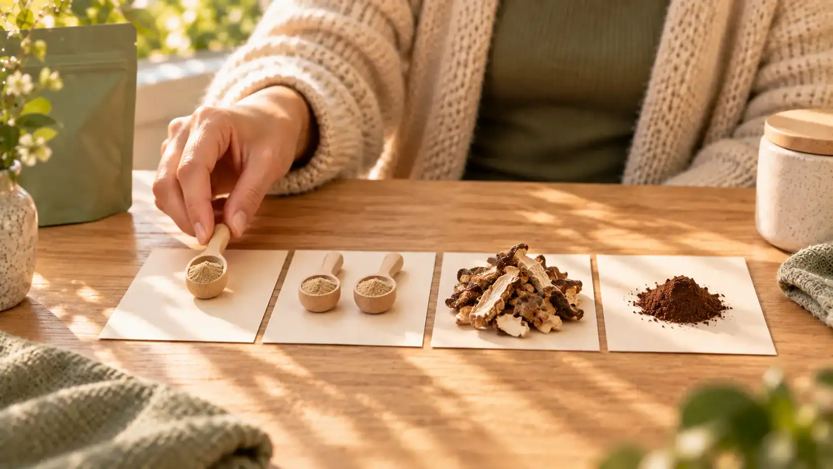 Hand compares one and two measured powder scoops with dried mushroom material and darker extract powder