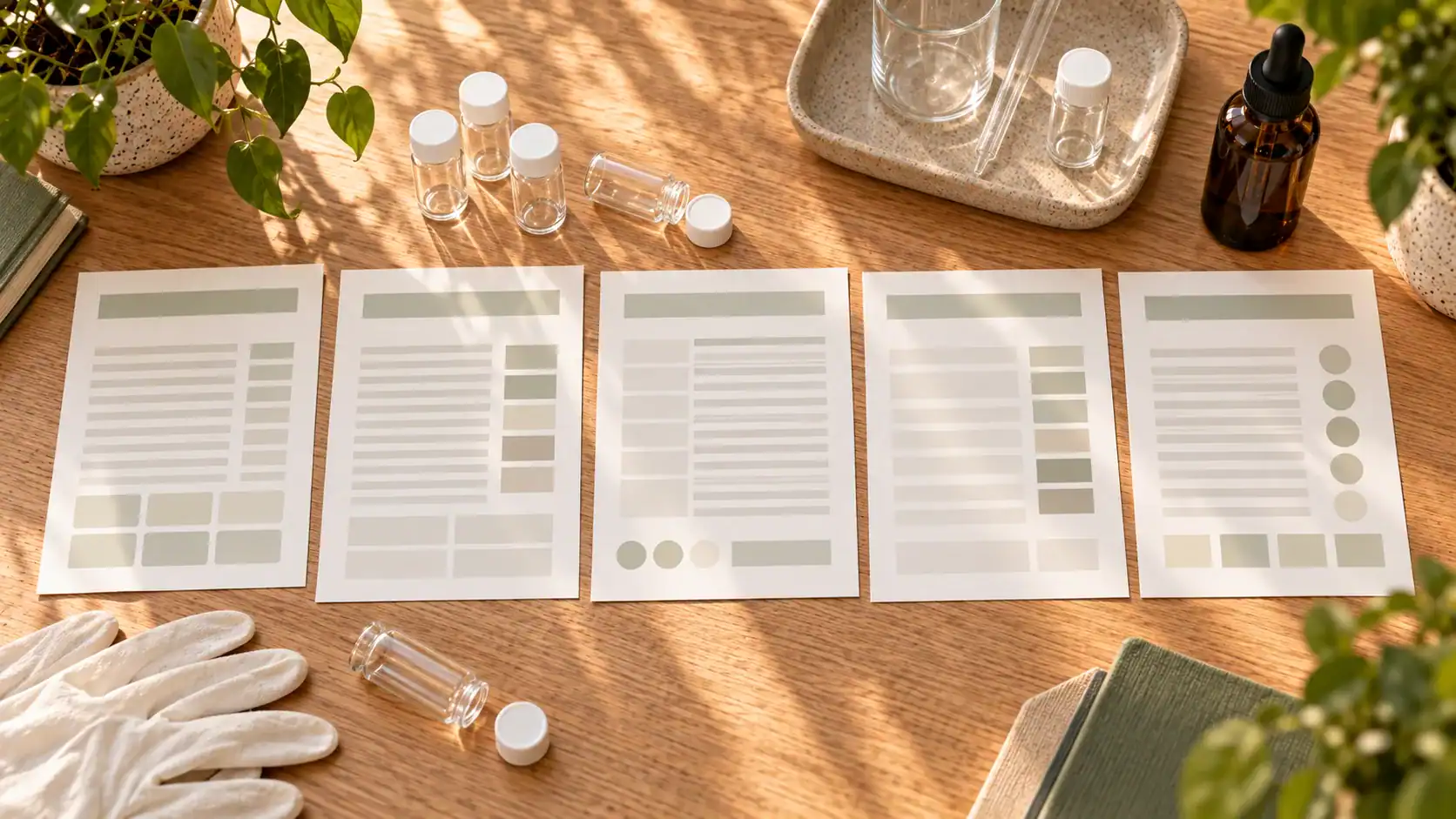 Five separate abstract laboratory worksheets sit beside empty sample vials and an amber bottle