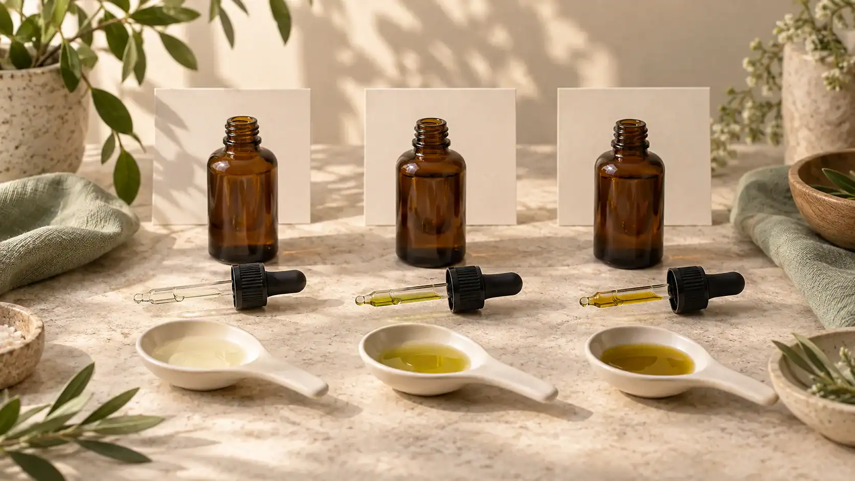 Three glass droppers and ceramic spoons compare pale, green-gold and olive-gold carrier oils