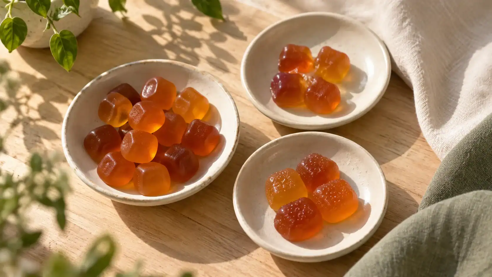 Mood Daily Bliss CBD and mushroom gummies with two gummies on a stone surface