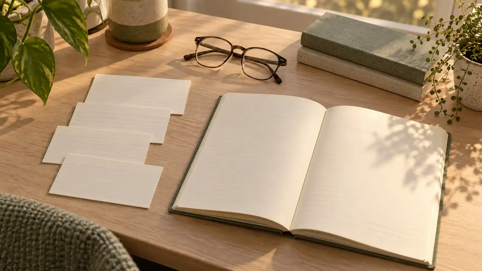Four blank study cards and an empty notebook sit on a pale wood desk in evening light
