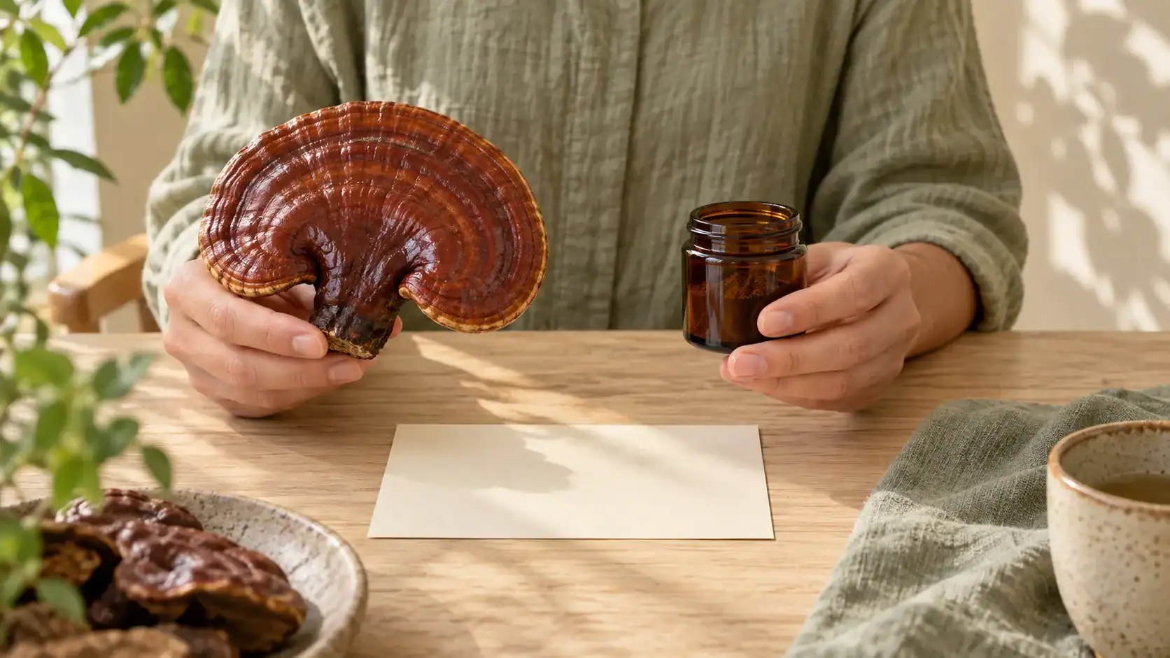 Hands compare a glossy Reishi fruiting body with an unlabeled amber extract jar
