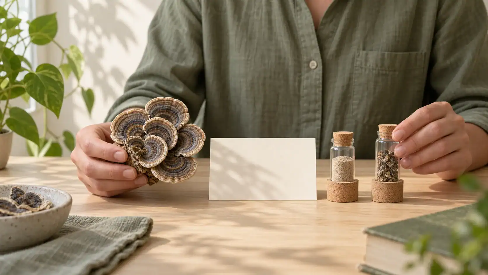 Hands compare Turkey Tail mushrooms with two separate unlabeled research sample vials