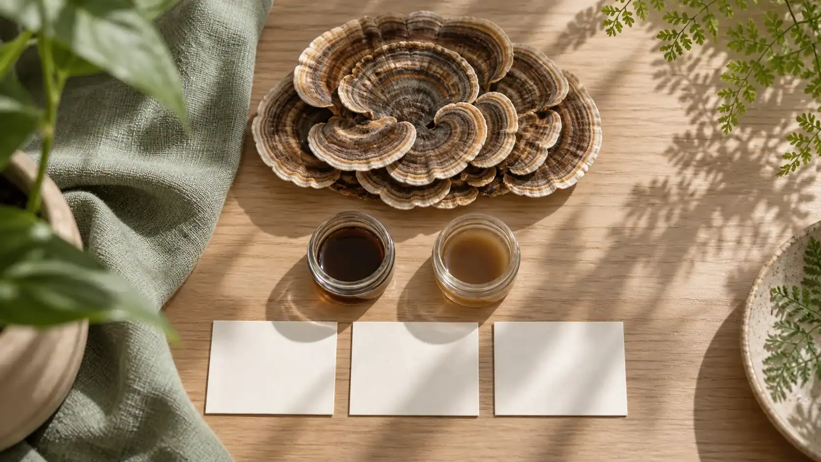 Turkey Tail mushrooms and two distinct extract jars sit above three blank cards