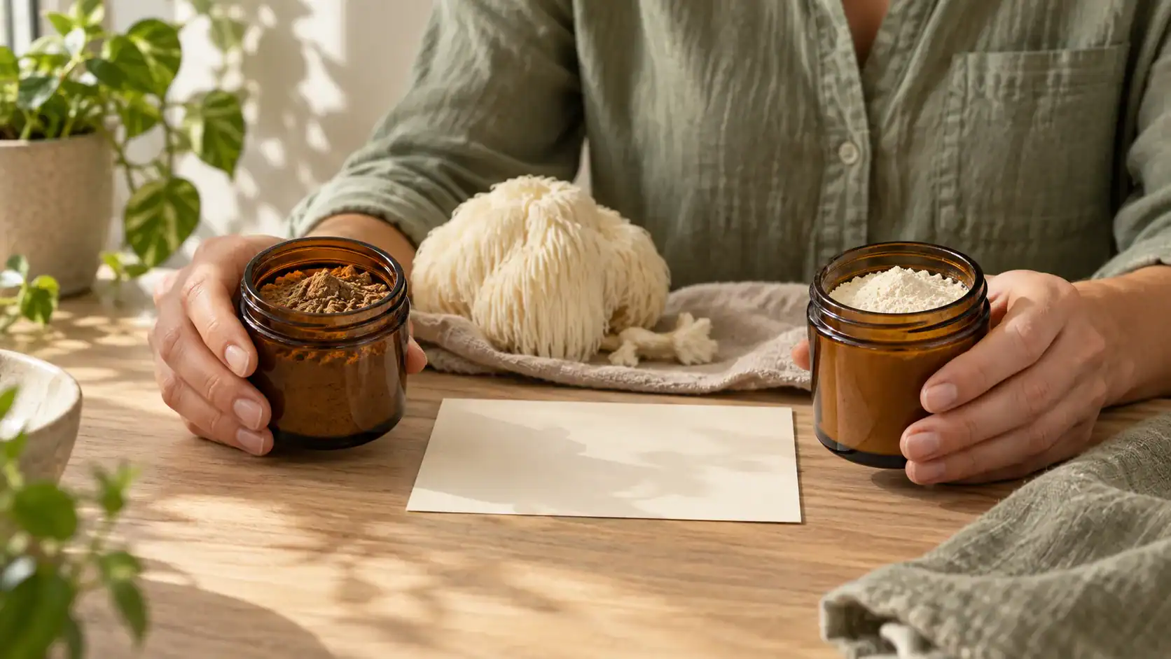Hands compare a dark mushroom extract powder with a pale carrier powder beside Lion's Mane