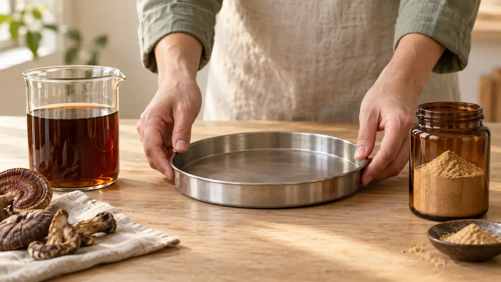 Liquid mushroom extract sits beside a drying tray and finished powder