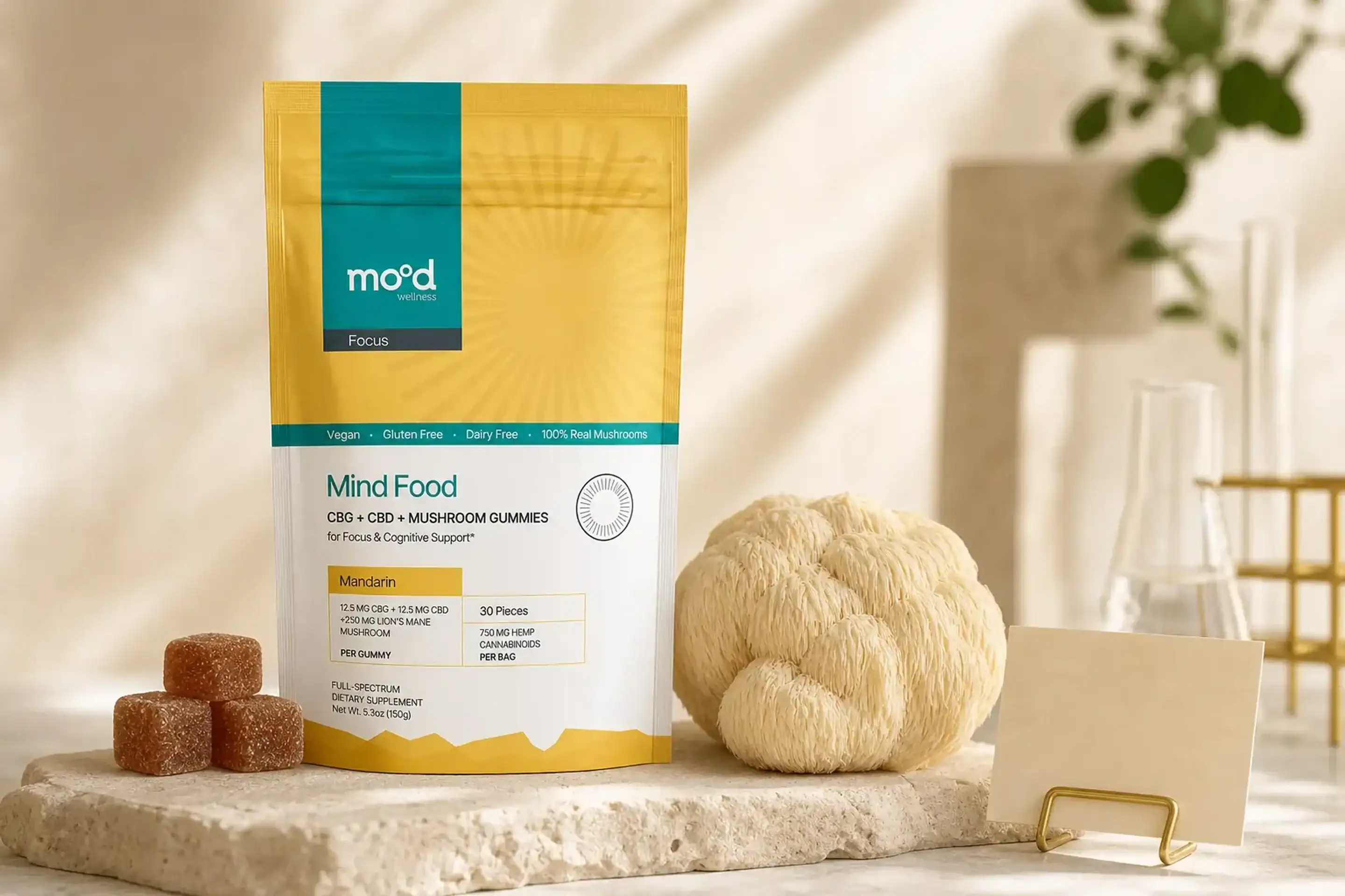 Mood Mind Food mushroom gummies in exact branded packaging