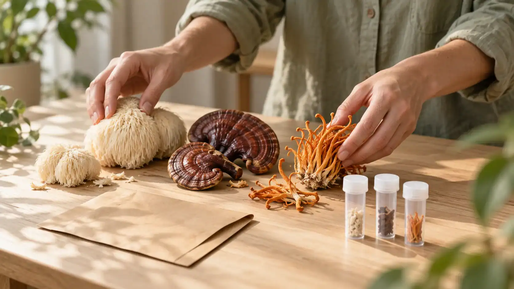 Hands organize Lion's Mane, Reishi and Cordyceps beside three plain sample tubes