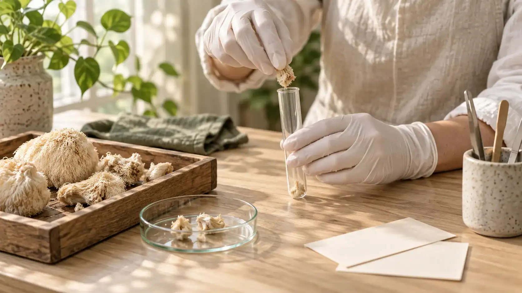 Gloved hands place a dried Lion's Mane sample into a clear laboratory tube