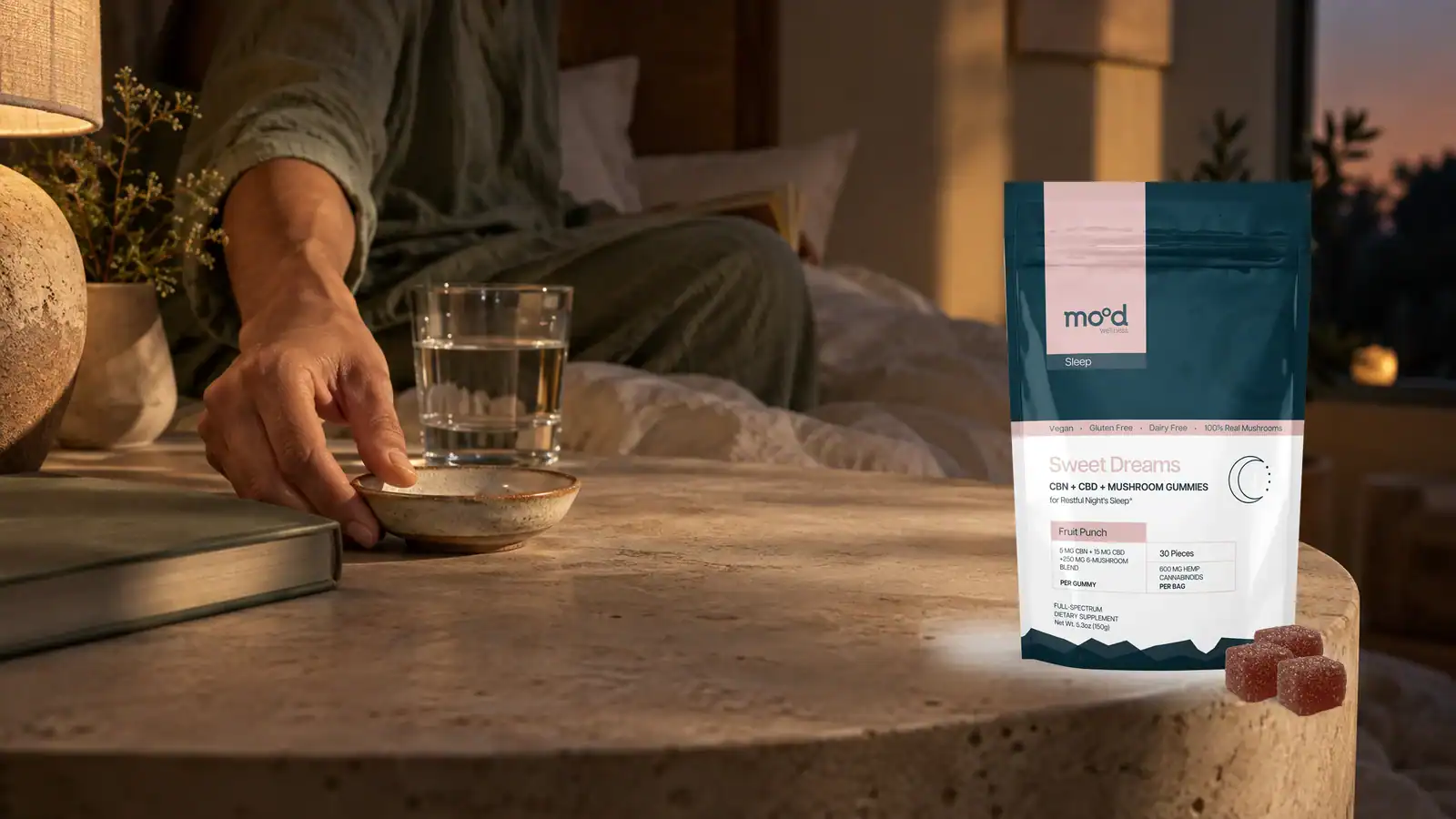 Mood Sweet Dreams CBN gummies beside an evening bedside routine