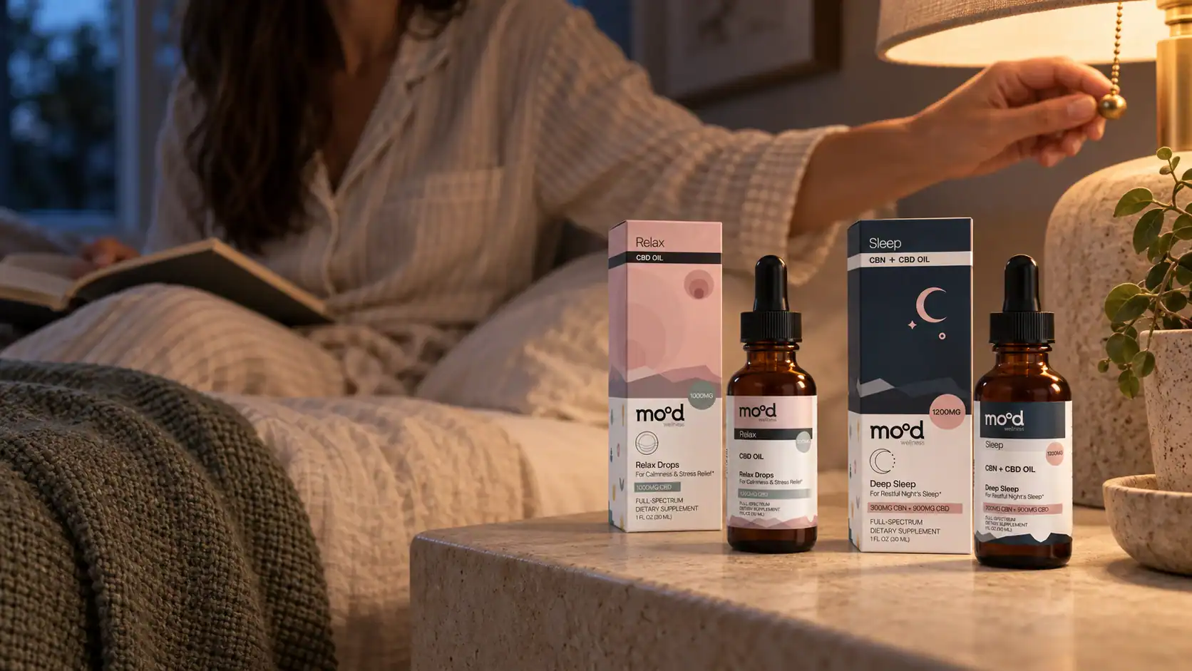 Mood Relax Drops and Deep Sleep CBD and CBN oils in a warm evening bedroom