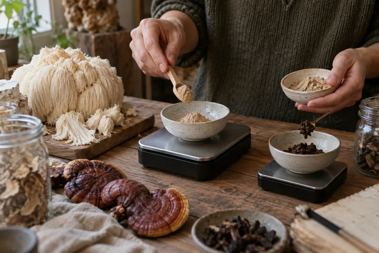 Technician weighing mushroom extract and powder separately