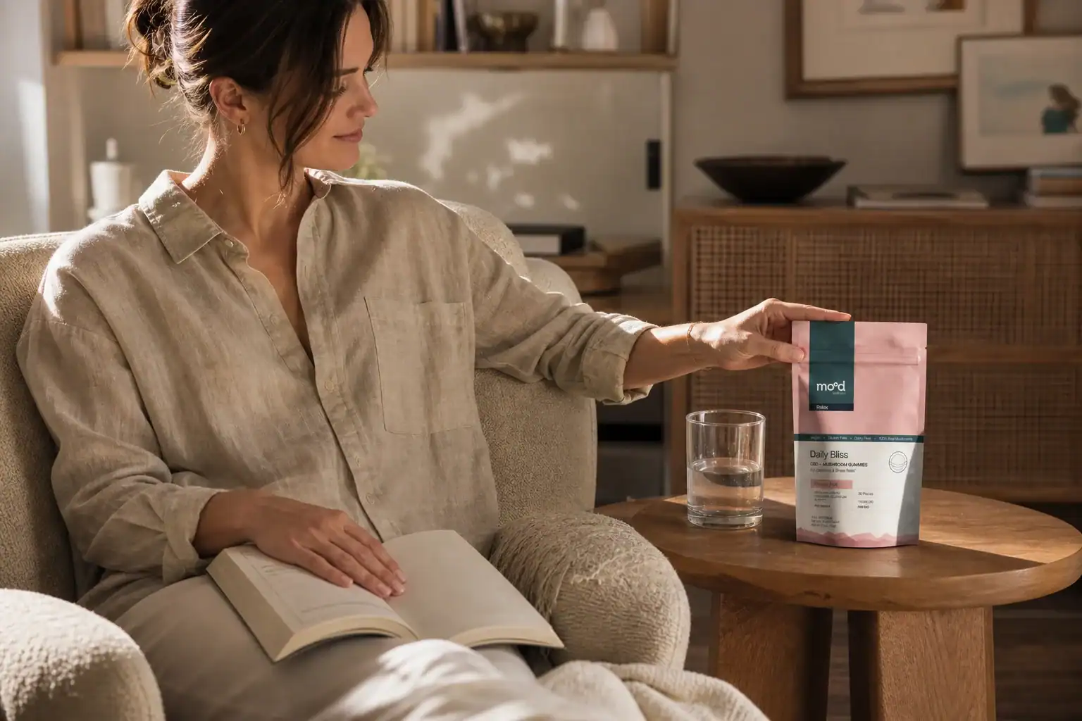 Adult comparing unbranded relaxation gummy formulas and their labels