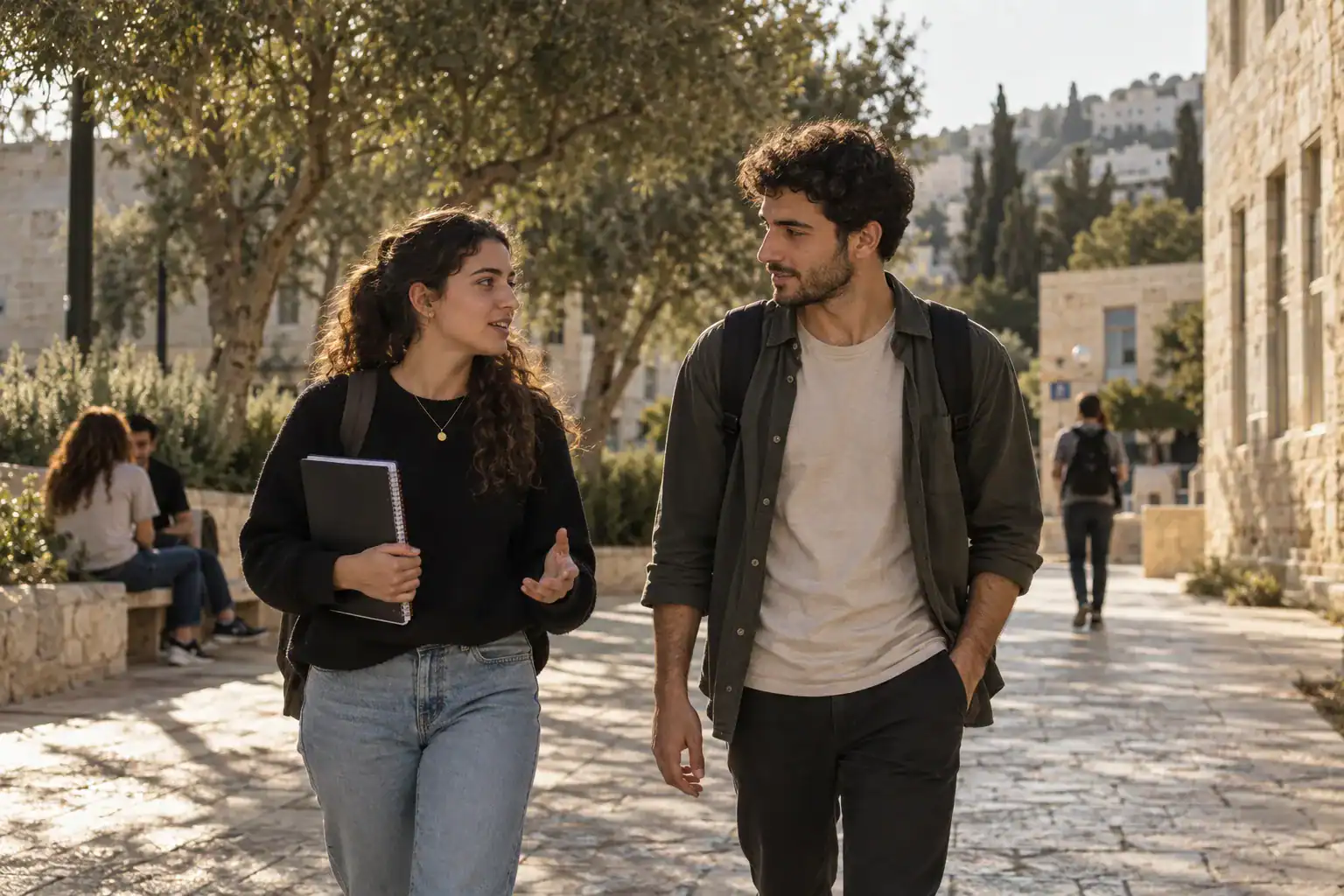 שני סטודנטים יוצאים להפסקת הליכה קצרה בקמפוס בישראל