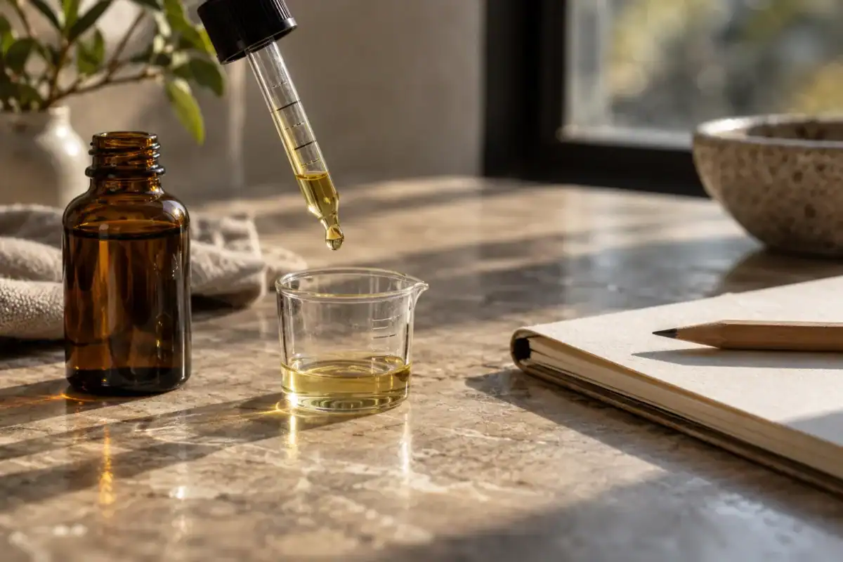 Graduated glass dropper and amber bottle beside a measuring cup