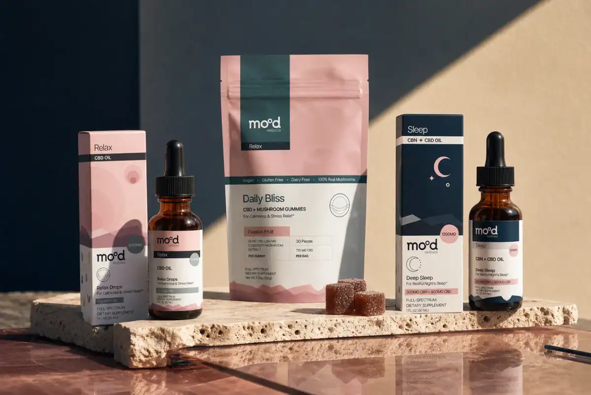 מוצרי Mood: שמן Relax Drops, סוכריות Daily Bliss ושמן Deep Sleep על משטח אבן